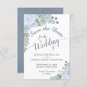 Elegant Dusty Blue Watercolor Floral Boho Wedding Save The Date