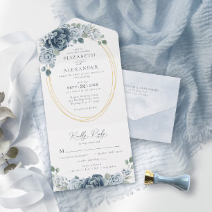 Elegant Dusty Blue Watercolor Floral Wedding All In One Einladung