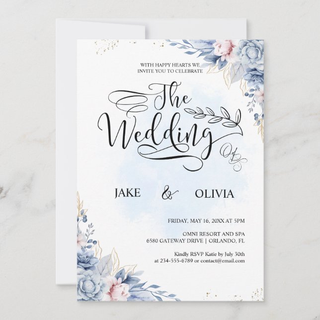 Elegant Dusty Blue Watercolor Floral Wedding Einladung (Vorderseite)