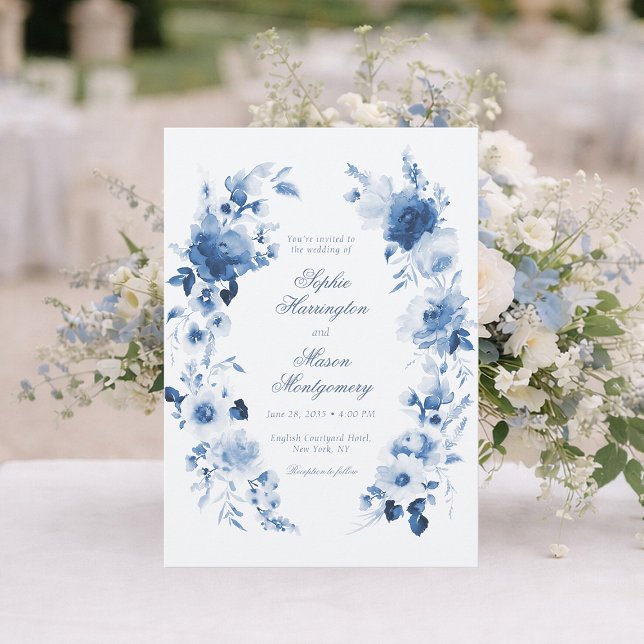 Elegant Dusty Blue Watercolor Floral Wedding Einladung (Von Creator hochgeladen)