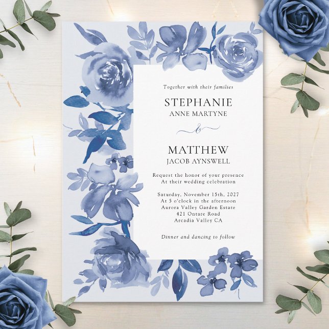 Elegant Dusty Blue Watercolor Floral Wedding Einladung (Von Creator hochgeladen)