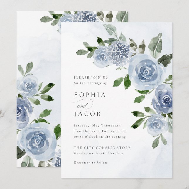 Elegant Dusty Blue Watercolor Floral Wedding Einladung (Vorne/Hinten)