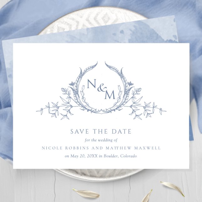 Elegant Dusty Blue Watercolor Monogram Save The Date (Von Creator hochgeladen)