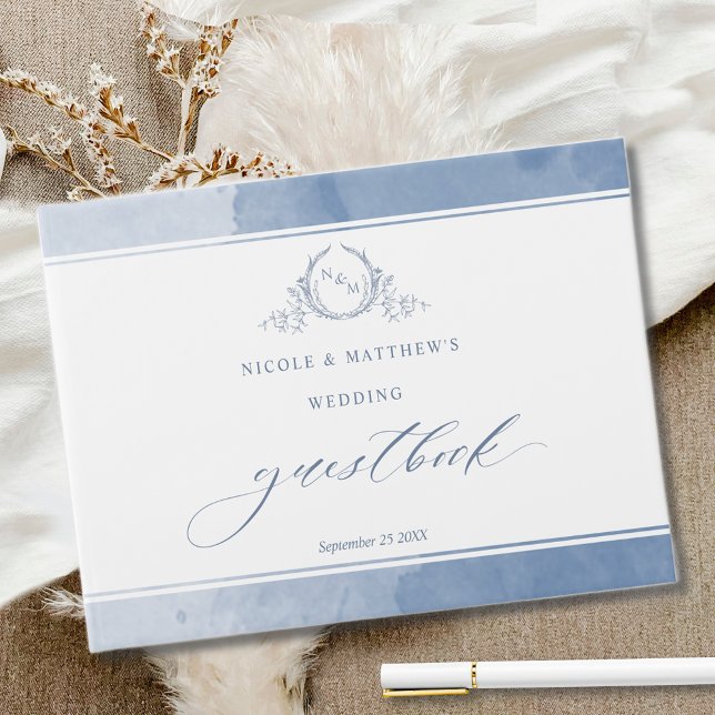 Elegant Dusty Blue Watercolor Monogram Wedding Gästebuch (Von Creator hochgeladen)