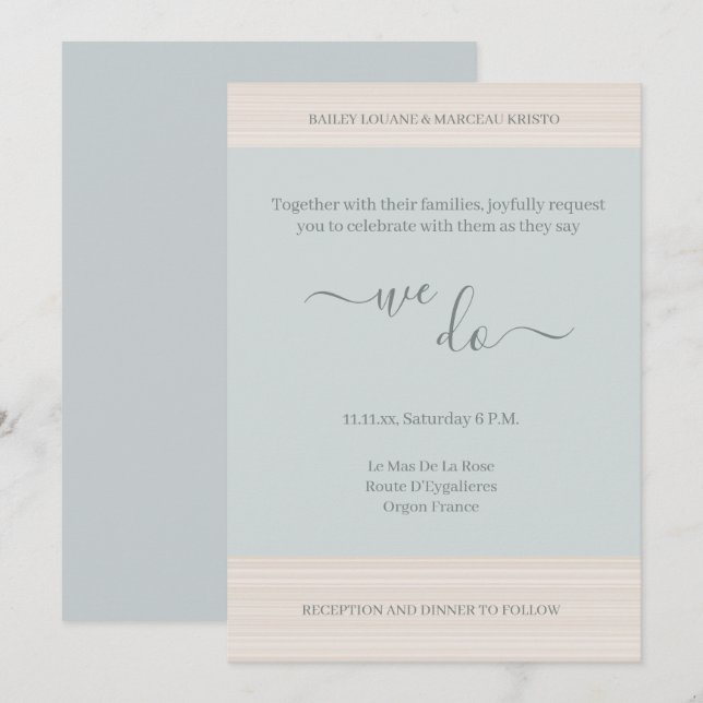 Elegant Dusty Blue We Do WoodGrain Stripes Wedding Einladung (Vorne/Hinten)