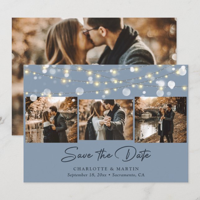 Elegant Dusty Blue Wedding 4 Foto Save the Date (Vorne/Hinten)