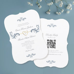 Elegant Dusty Blue Wedding Einladung mit QR Code