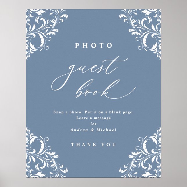 Elegant Dusty Blue Wedding Foto Guest Book Sign Poster (Vorne)