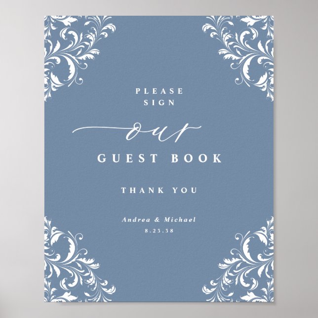 Elegant Dusty Blue Wedding Guest Book Sign Poster (Vorne)