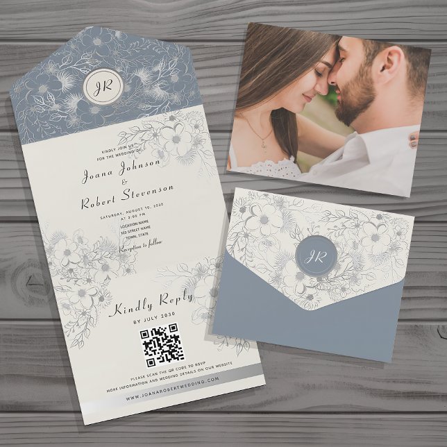 Elegant Dusty Blue Wedding QR Code All In One Einladung (Von Creator hochgeladen)
