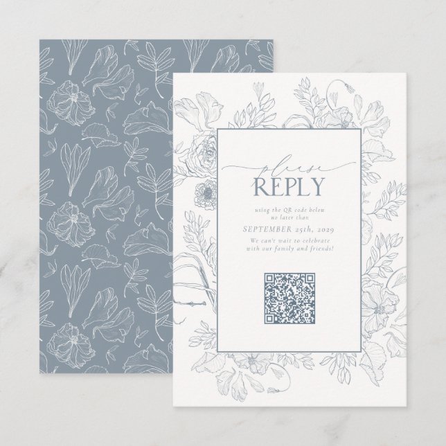 Elegant Dusty Blue Wedding QR Code Bitte beantwort RSVP Karte (Vorne/Hinten)