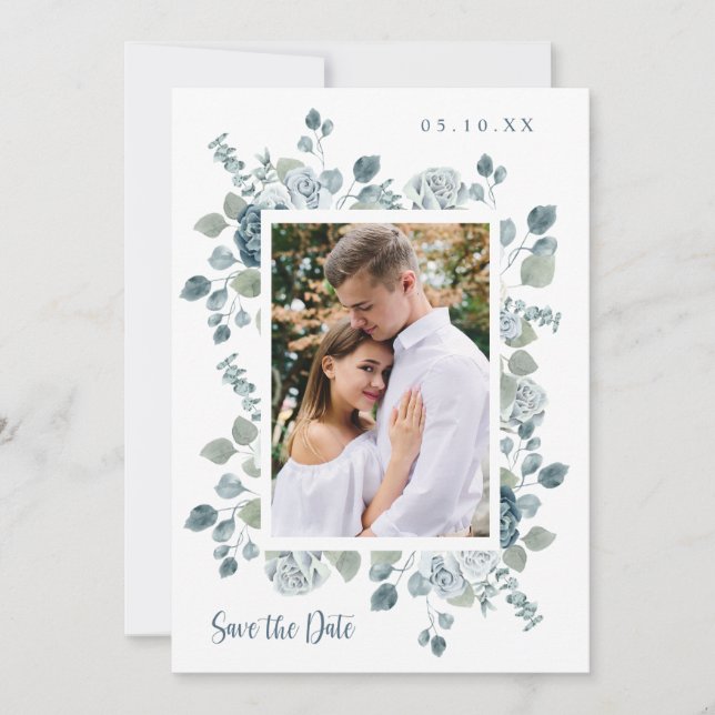 Elegant Dusty Blue Wedding Save The Date (Vorderseite)