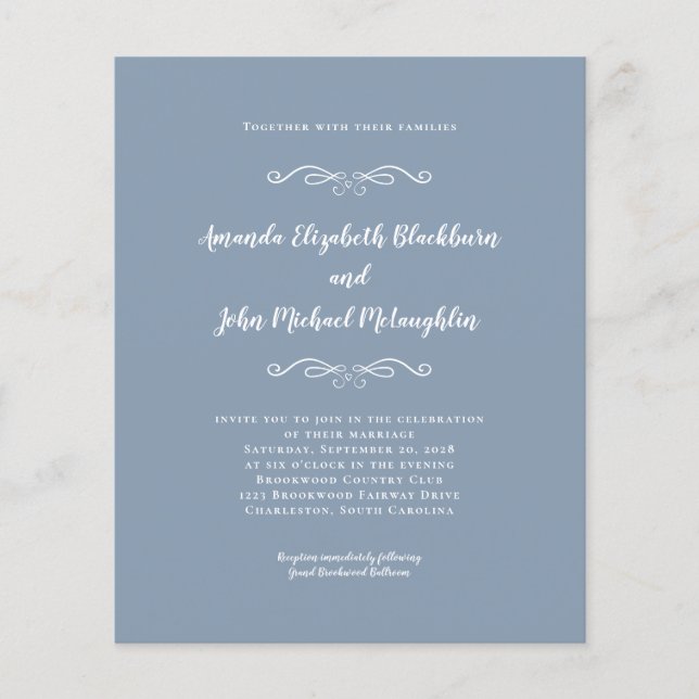 Elegant Dusty Blue White Budget Einladung zur Hoch (Vorderseite)