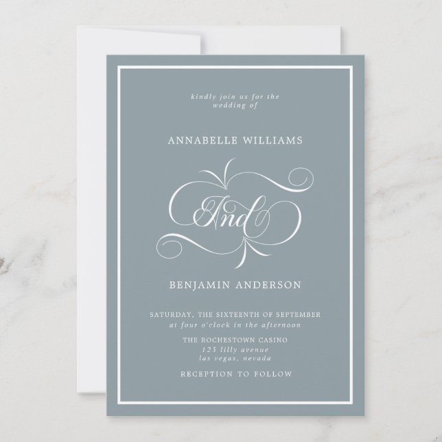 Elegant Dusty Blue & White Classic Wedding Einladung (Vorderseite)