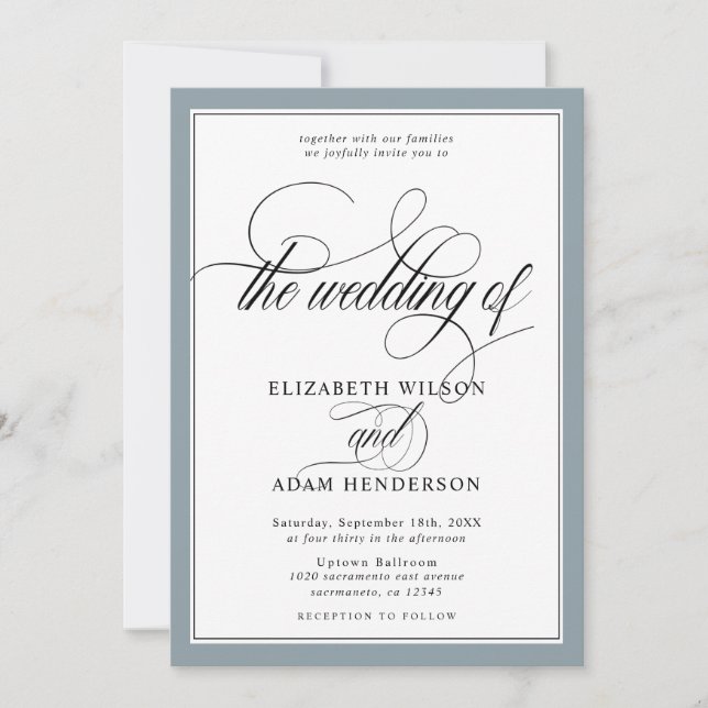 Elegant Dusty Blue & White Classic Wedding Einladung (Vorderseite)