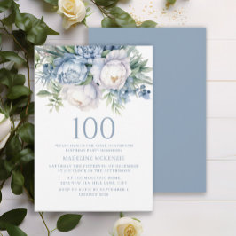 Elegant Dusty Blue White Floral 100. Geburtstag Einladung