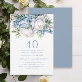 Elegant Dusty Blue White Floral 40. Geburtstag Einladung