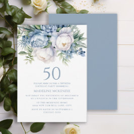 Elegant Dusty Blue White Floral 50. Geburtstag Einladung