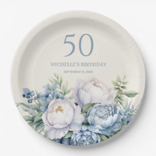 Elegant Dusty Blue White Floral 50. Geburtstagsnam Pappteller