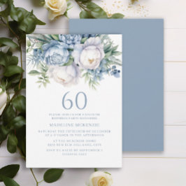 Elegant Dusty Blue White Floral 60. Geburtstag Einladung