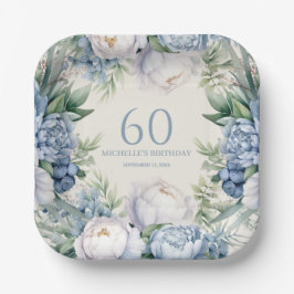 Elegant Dusty Blue White Floral 60. Geburtstag Pappteller
