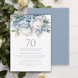 Elegant Dusty Blue White Floral 70. Geburtstag Einladung