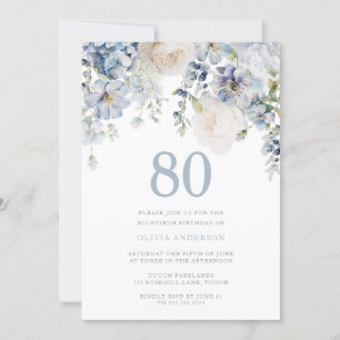 Elegant Dusty Blue & White Floral 80. Geburtstag Einladung