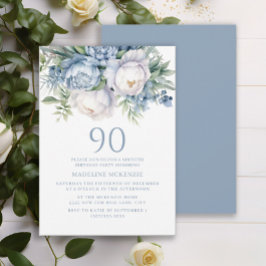 Elegant Dusty Blue White Floral 90. Geburtstag Einladung