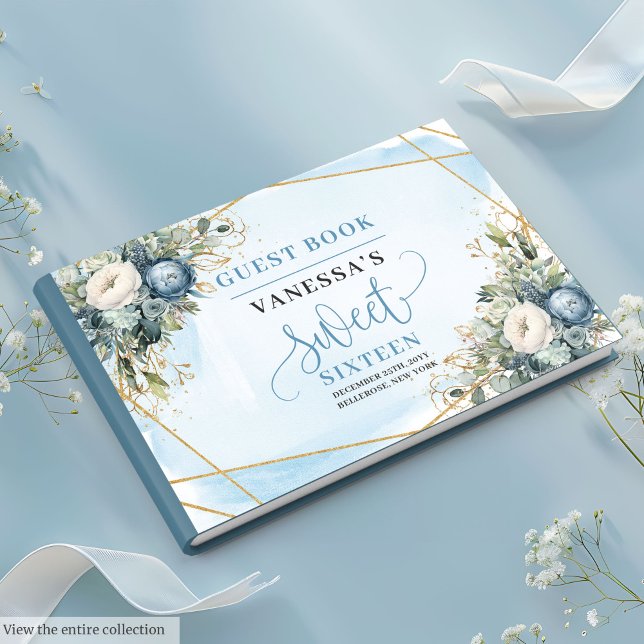 Elegant Dusty Blue White Gold Floral 16 . Geburtst Gästebuch (Elegant Dusty Blue White Gold Floral Sweet 16 Guest Book)