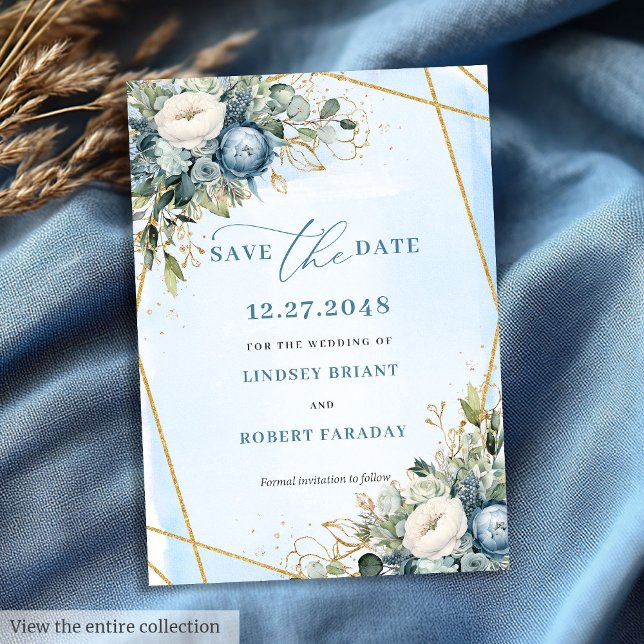 Elegant Dusty Blue White Gold Floral Save the Date Einladung (Elegant Dusty Blue White Gold Floral Save The Date)