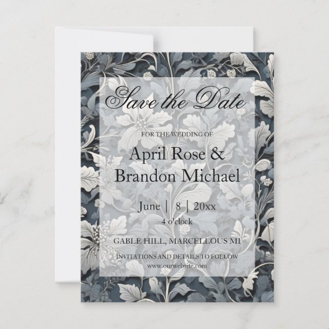 Elegant dusty blue white grau save the date (Vorderseite)