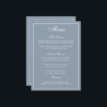 Elegant Dusty Blue White Script Wedding Menu Menükarte<br><div class="desc">Eine elegante Art,  Ihren Gästen ihre Menüoptionen zu zeigen. In staubblau mit weißem Schriftzeichen. Ein eleganter Hochzeitswettbewerb-Schriftart wurde mit einem modernen Stil kombiniert,  der den Schriftart all Caps zu einem stilvollen und dennoch benutzerfreundlichen Hochzeitsmenü macht. Für Ihre Menüoptionen wurde ausreichend Platz reserviert.</div>