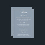 Elegant Dusty Blue White Script Wedding Menu Menükarte<br><div class="desc">Eine elegante Art,  Ihren Gästen ihre Menüoptionen zu zeigen. In staubblau mit weißem Schriftzeichen. Ein eleganter Hochzeitswettbewerb-Schriftart wurde mit einem modernen Stil kombiniert,  der den Schriftart all Caps zu einem stilvollen und dennoch benutzerfreundlichen Hochzeitsmenü macht. Für Ihre Menüoptionen wurde ausreichend Platz reserviert.</div>