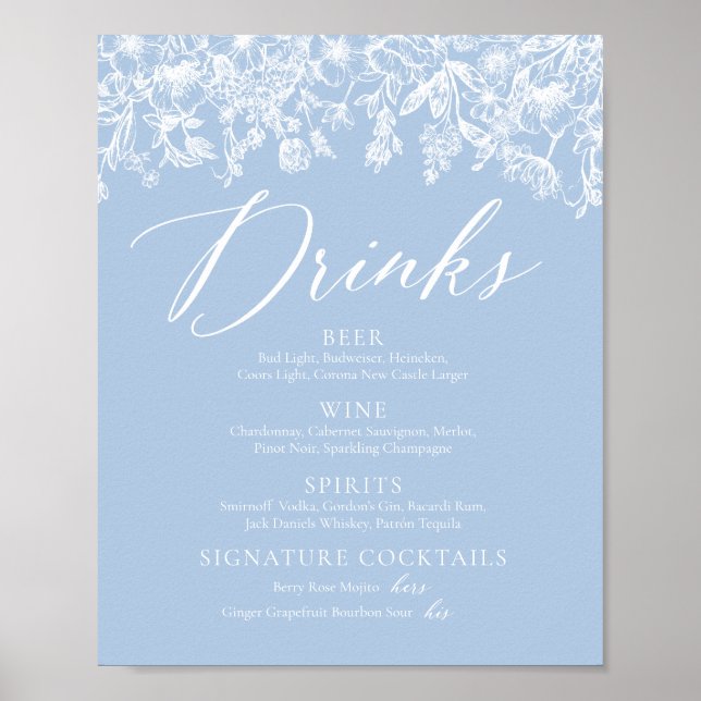 Elegant Dusty Blue Wildblume Drinks Menü Signatur Poster (Vorne)