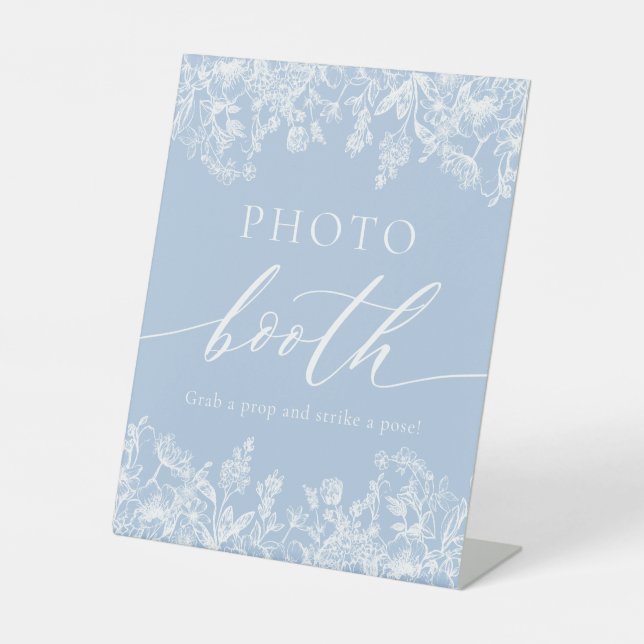Elegant Dusty Blue Wildblume Foto Booth Sign Sockelschild (Vorderseite)