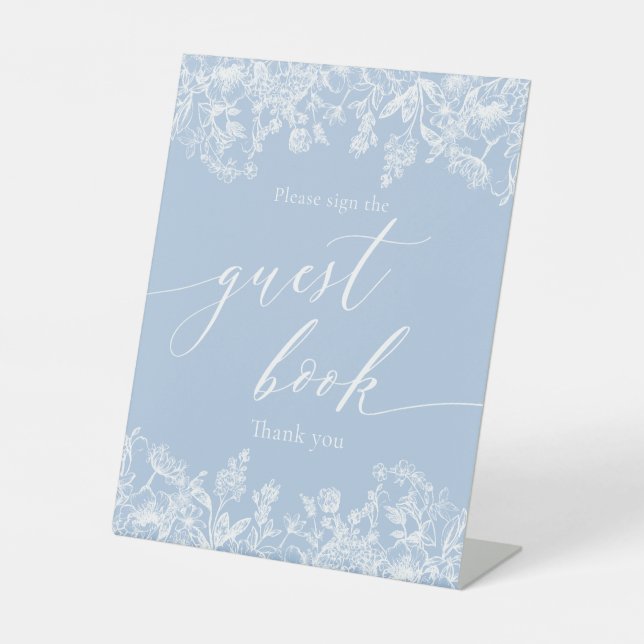 Elegant Dusty Blue Wildblume Guest Book Sign Sockelschild (Vorderseite)