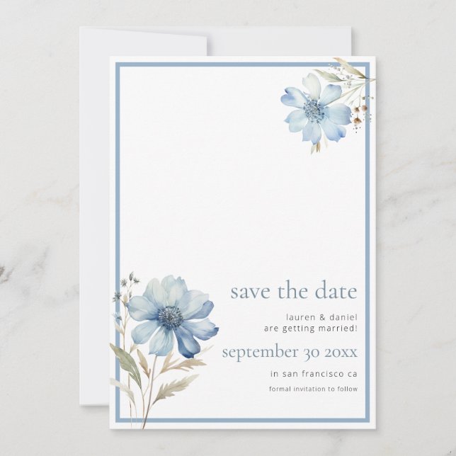 Elegant Dusty Blue Wildblume QR Code Wedding Save The Date (Vorderseite)