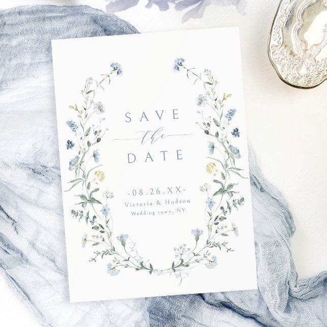 Elegant Dusty Blue Wildblume Rustic Boho Wedding Save The Date (Elegant Dusty Blue Wildflower Rustic Boho Wedding Save The Date)
