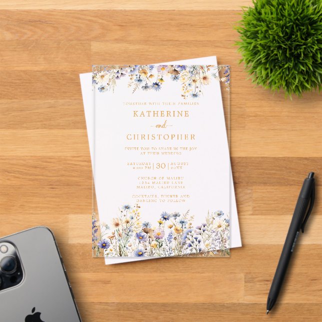 Elegant Dusty Blue Wildblumen Wedding Gold Acryleinladungen (Insitu (Einladungskarte))