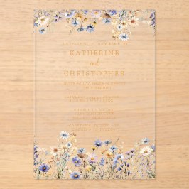 Elegant Dusty Blue Wildblumen Wedding Gold Acryleinladungen