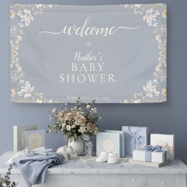 Elegant Dusty Blue Wildflower Baby Shower Party Banner (Von Creator hochgeladen)