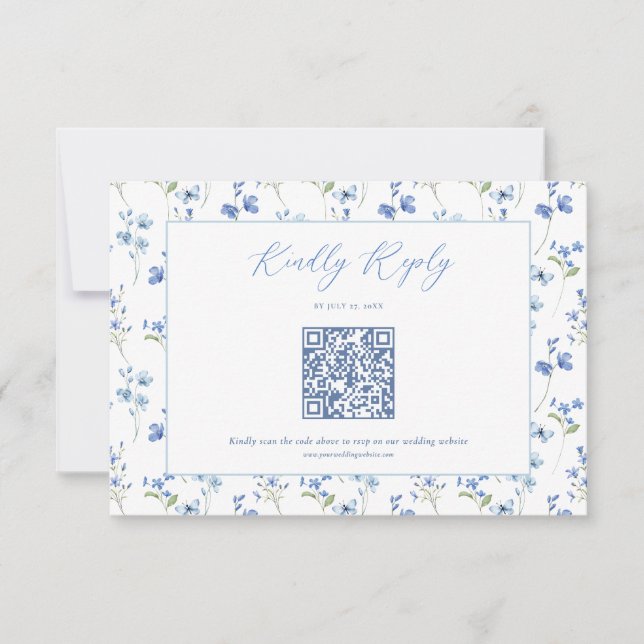 Elegant Dusty Blue Wildflower Wedding RSVP Karte (Vorderseite)