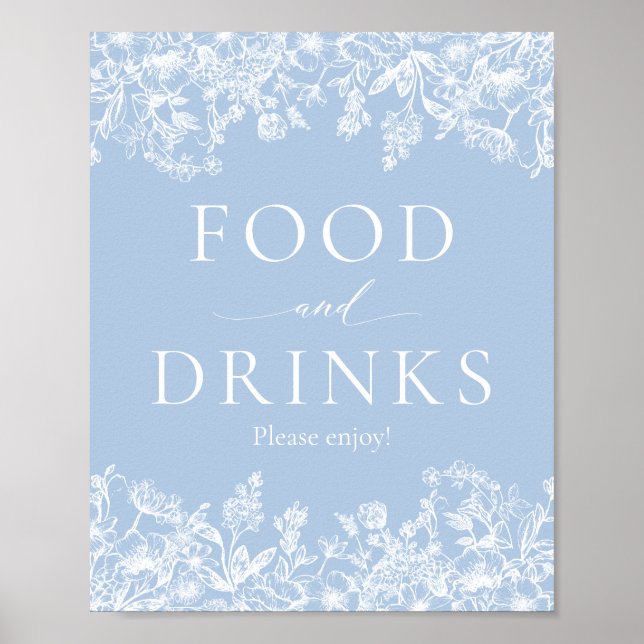Elegant Dusty Blue Wilfloral Food and Drinks Zeich Poster (Vorne)
