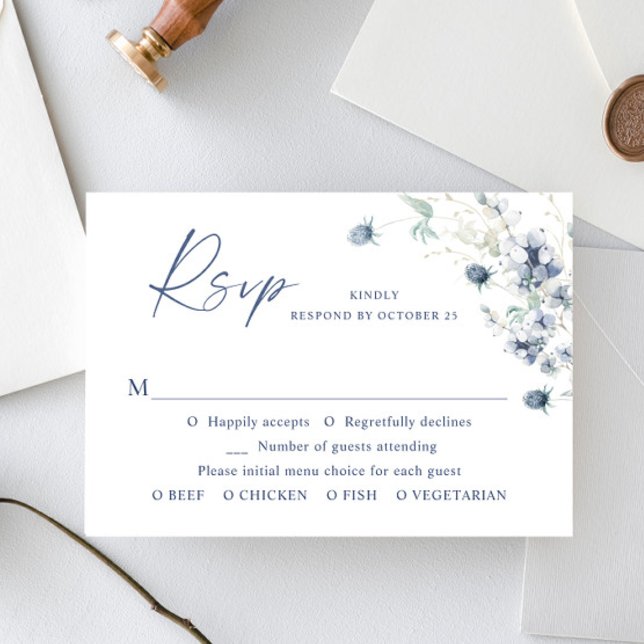 Elegant Dusty Blue Winter Boho Foliage Wedding RSVP Karte (Von Creator hochgeladen)
