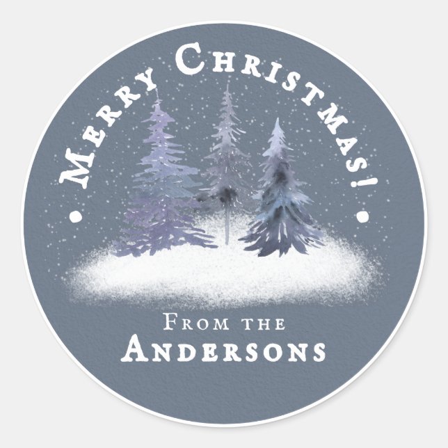 Elegant Dusty Blue Winter Woodland Weihnachten Runder Aufkleber (Vorderseite)