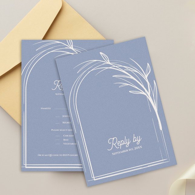 Elegant Dusty Blue With QR Code Wedding Reply By RSVP Karte (Dusty Blue Minimalist Arch Botanical Wedding RSVP Card with QR Code | Modern Wedding Reply Card)