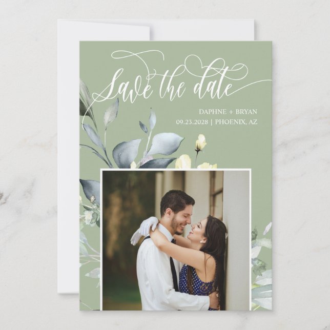 Elegant Dusty Green Blätter QR Code Foto Wedding Save The Date (Vorderseite)