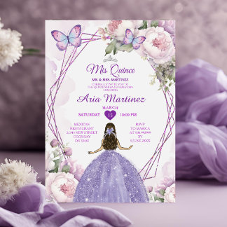 Elegant Dusty Lila Prinzessin Butterfly Mis Quince Einladung