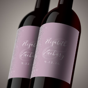 Elegant Dusty Lilac Silver Glitzer Wedding Weinetikett