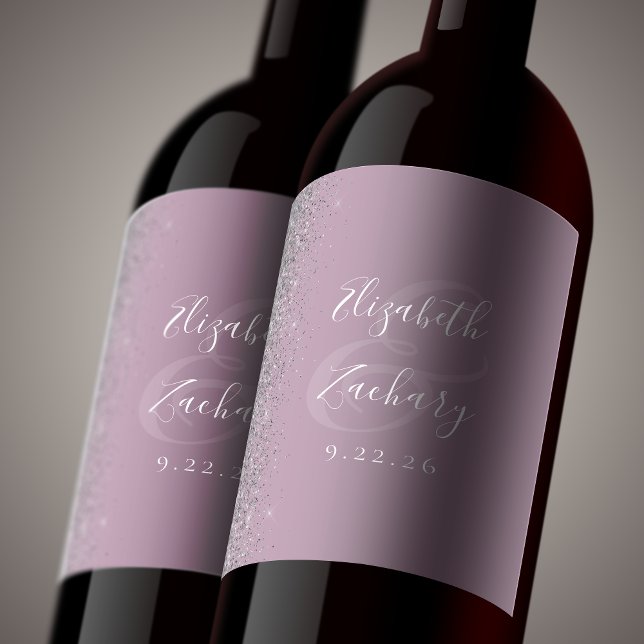 Elegant Dusty Lilac Silver Glitzer Wedding Weinetikett (Von Creator hochgeladen)